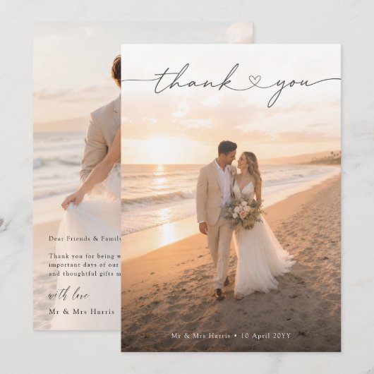 Hart Script Lettering Romantische Foto Huwelijk Bedankkaart (Voorkant / Achterkant)