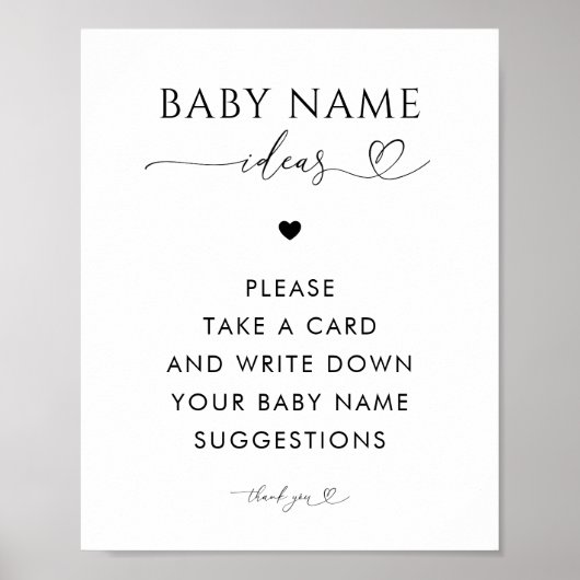 Hart Script Naam Suggesties Baby shower Teken Poster (Voorkant)