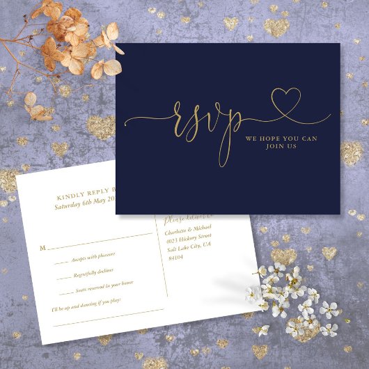 Hart Script Navyblauw En Goud Liedverzoek Uitnodiging Briefkaart