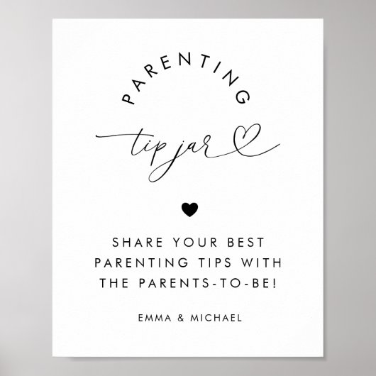 Hart Script Ouderschap Tip Jar Baby shower Sign Poster (Voorkant)
