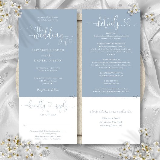 Hart Script Stofblauw All-in-One Trouwkaart Kaart