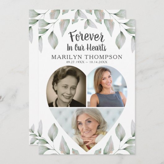 Hart Shaped Foto Collage Botanisch Memorial Programmakaart (Voorkant / Achterkant)