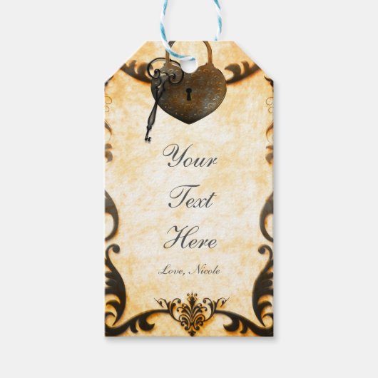 Hart Slot & Sleutel Vintage Rustieke Trouwcadeaubi Cadeaulabel (Voorkant)