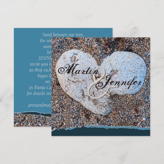 Hart Steen In Zand Blauw Turquoise Strand Trouwen Kaart (Voorkant / Achterkant)