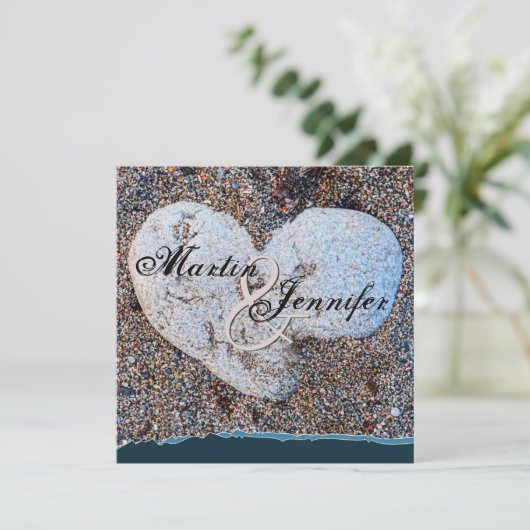Hart Steen In Zand Blauw Turquoise Strand Trouwen Kaart (Staand voorkant)