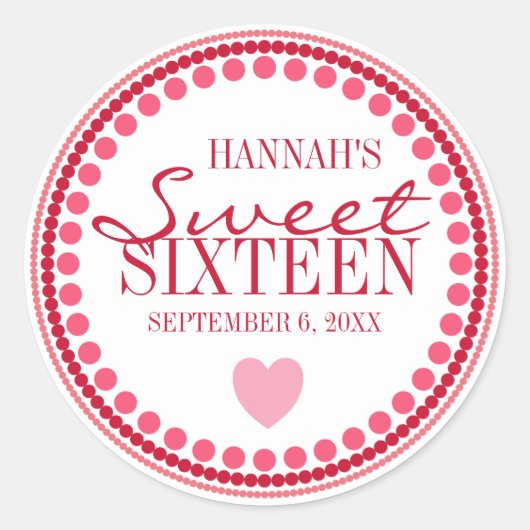 Hart & Stippen Sweet 16 Rood & Roze Custom Ronde Sticker (Voorkant)