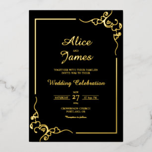 Hart Swirl Frame Elegant Zwart Goud Folie Bruiloft Uitnodiging