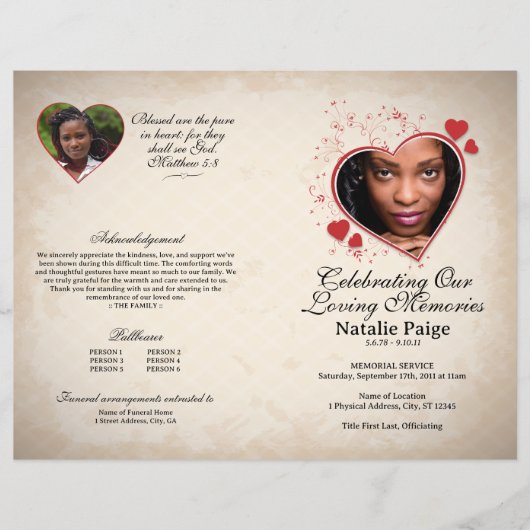 Hart thema beige grunge begrafenisprogramma flyer (Voorkant)