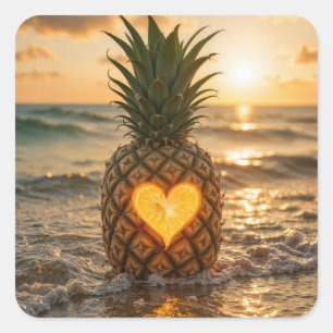 Hart Uitgesneden in een Ananas Op een Strand Vierkante Sticker