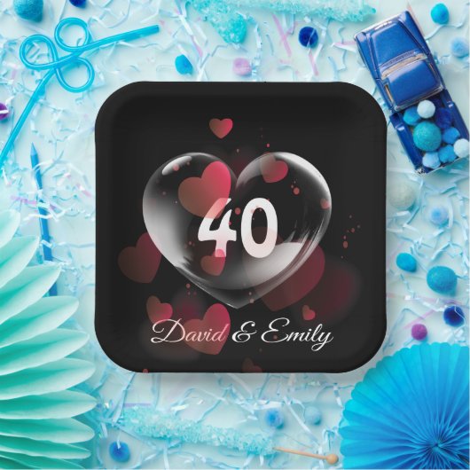Hart van 40e Jubileum met rode harten Papieren Bordje (Feest)