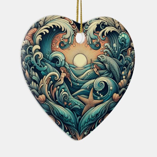 Hart van het Zee: Zeemeermin & Vis Keramisch Ornament (Rechts)