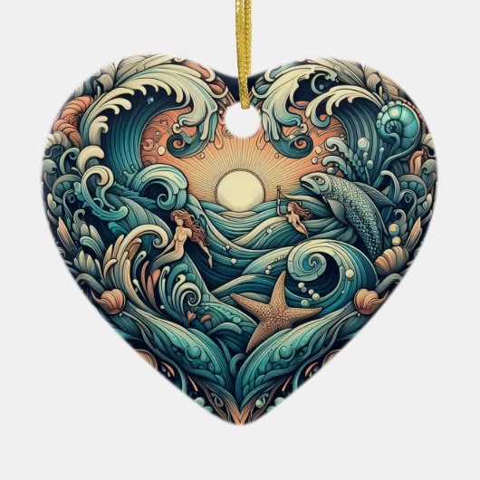 Hart van het Zee: Zeemeermin & Vis Keramisch Ornament (Voorkant)