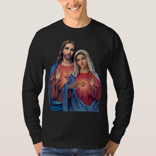 Hart van Jezus en Maria heel dicht bij elkaar T-shirt (Voorkant)