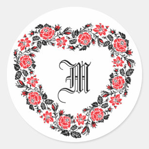 Hart van kruisstiekrode rozenbloemen Monogram Ronde Sticker