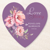 Hart Violet Love Story Waterverf Peony Wedding Kartonnen Onderzetters (Voorkant)