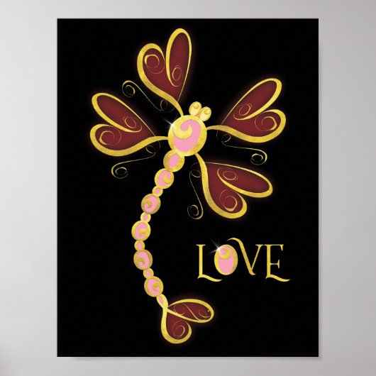 Hart-vleugelige dragonfly "Love" gouden  vormgevin Poster (Voorkant)