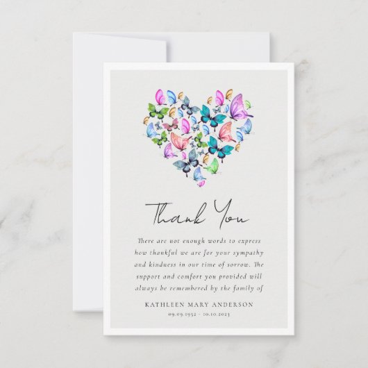 Hart vlinder sympathie begrafenis bedankkaart (Voorkant)
