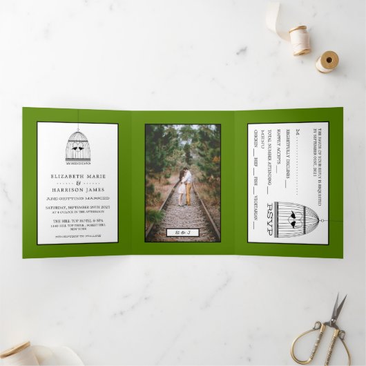 Hart Vogelkooi Avocado Groene Trouwsuite Drieluik Uitnodiging (Binnen)