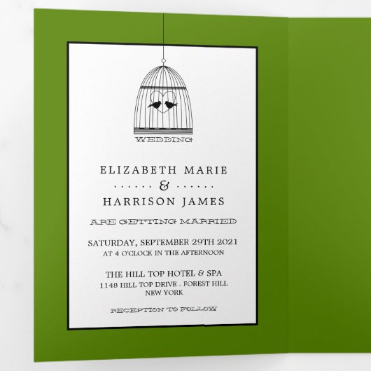  Hart Vogelkooi Avocado Groene Trouwsuite Drieluik Uitnodiging (Binnenzijde eerst)