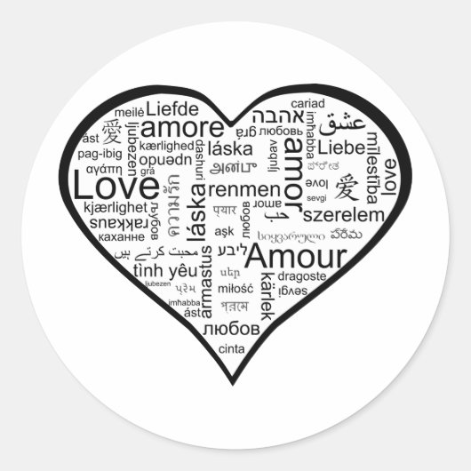 Hart vol liefde in verschillende talen ronde sticker (Voorkant)