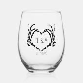 Hart vorm skelet handen gepersonaliseerde bruiloft wijnglas zonder voet (Voorkant)