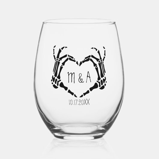 Hart vorm skelet handen gepersonaliseerde bruiloft wijnglas zonder voet (Voorkant)