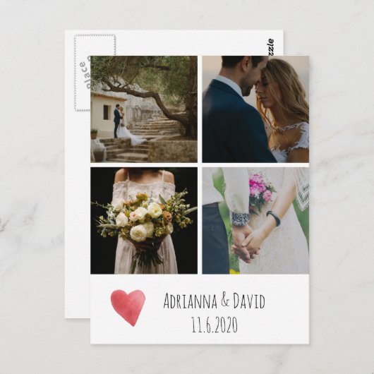 Hart Waterverf bruiloft Dank u Fotocollage Briefkaart (Voorkant / Achterkant)