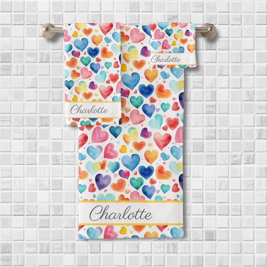 Hart Waterverf Kleurrijke Schattigee Liefde Custom Bad Handdoek