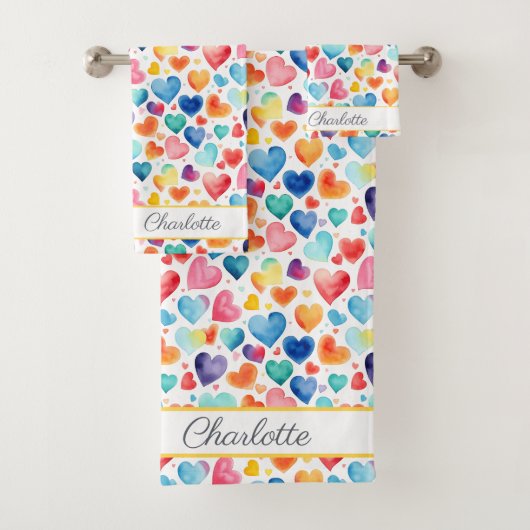 Hart Waterverf Kleurrijke Schattigee Liefde Custom Bad Handdoek (Insitu)