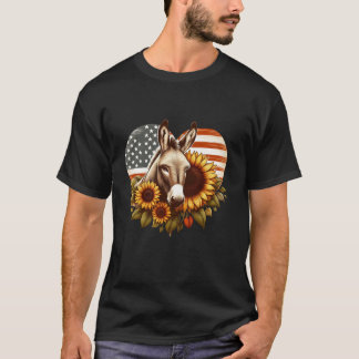 Hart Zonnebloem Ezel USA Vlag Vuurwerk 4th of Ju T-shirt