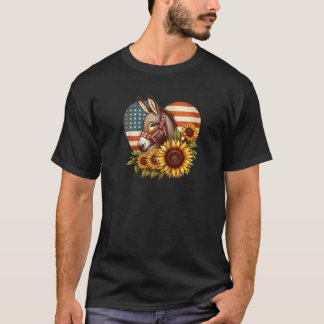 Hart Zonnebloem Ezel USA Vlag Vuurwerk 4th of Ju T-shirt