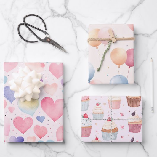 Hartballonnen Cup Cakes Wrapping Paper Set van 3 (Voorkant)
