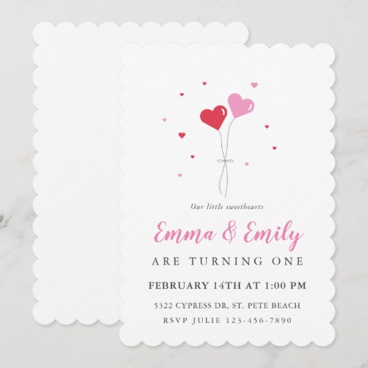 Hartballonnen Valentijn Twin Verjaardagsuitnodigin Kaart (Voorkant / Achterkant)
