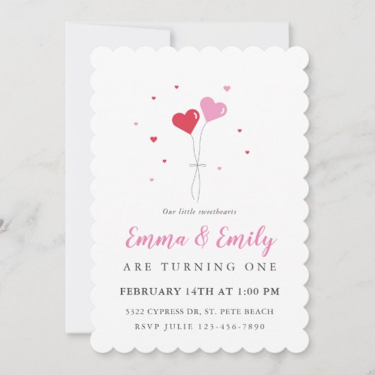 Hartballonnen Valentijn Twin Verjaardagsuitnodigin Kaart (Voorkant)