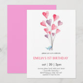 Hartballonnen & vogelmeisje verjaardag Uitnodiging (Voorkant / Achterkant)