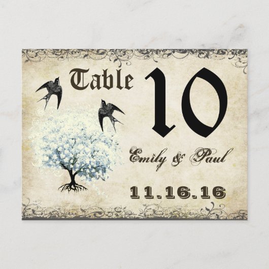Hartblad Blauwe Boom Vogels Tafel Nummerkaart Briefkaart (Voorkant)