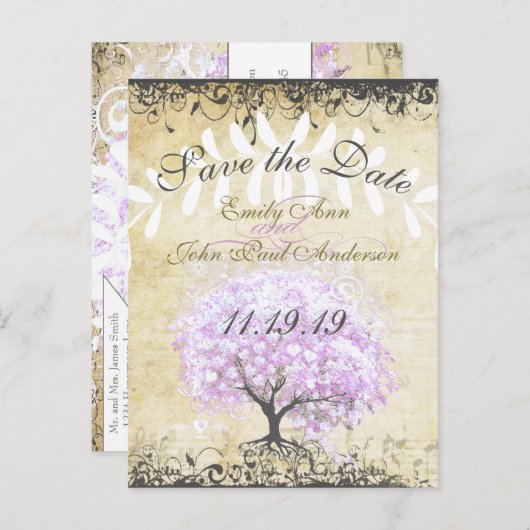 Hartbladige lavendelboom vintage vogel bruiloft aankondigingskaart (Voorkant / Achterkant)