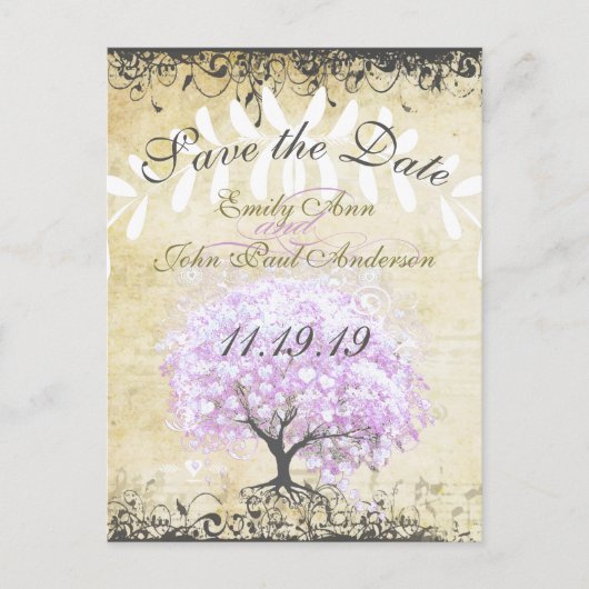 Hartbladige lavendelboom vintage vogel bruiloft aankondigingskaart (Voorkant)