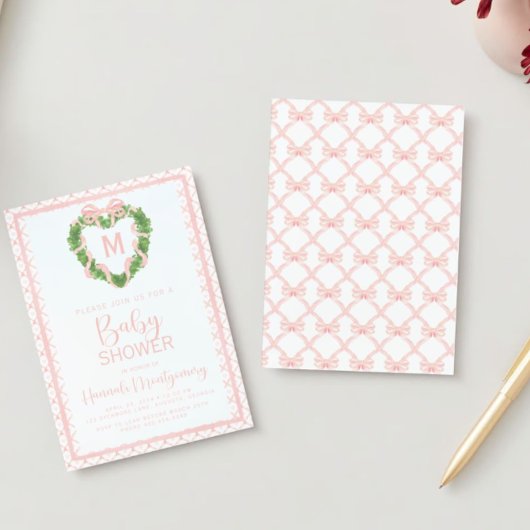 Hartboog Coquette krans monogram Baby shower Kaart