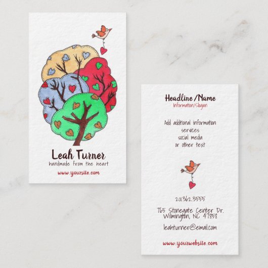 Hartboom met vogelillustratie uit het hart visitekaartje (Voorkant / Achterkant)
