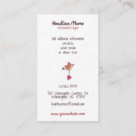 Hartboom met vogelillustratie uit het hart visitekaartje (Achterkant)