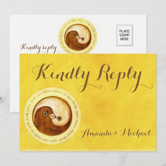 HARTELIJK ANTWOORD TROUWKAART Gouden YinYang duive Kaart (Voorkant / Achterkant)