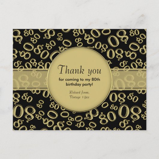 Hartelijk Bedankt: 80th Gold/Black Birthday Number Briefkaart (Voorkant)