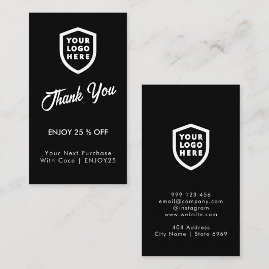 Hartelijk Bedankt | Bedrijfs Logo Modern Black Kortingskaartje (Voorkant / Achterkant)