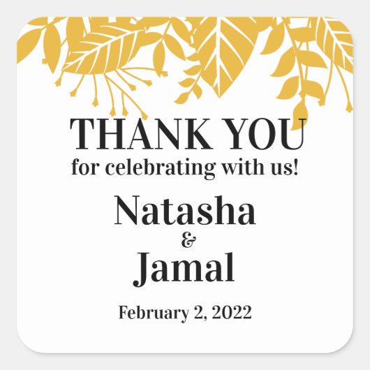 Hartelijk Bedankt! Elegant Mustard Yellow Leaves W Vierkante Sticker (Voorkant)