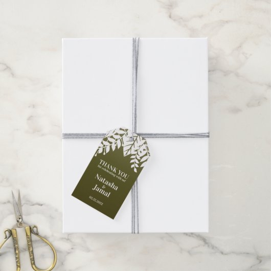 Hartelijk Bedankt! Elegant witte bladeren, olijfgr Cadeaulabel (Met Touw)