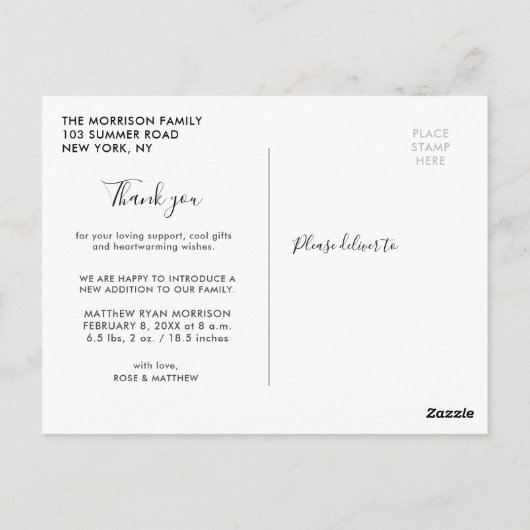 HARTELIJK BEDANKT | Handschrift baby Aankondiging Briefkaart (Achterkant)