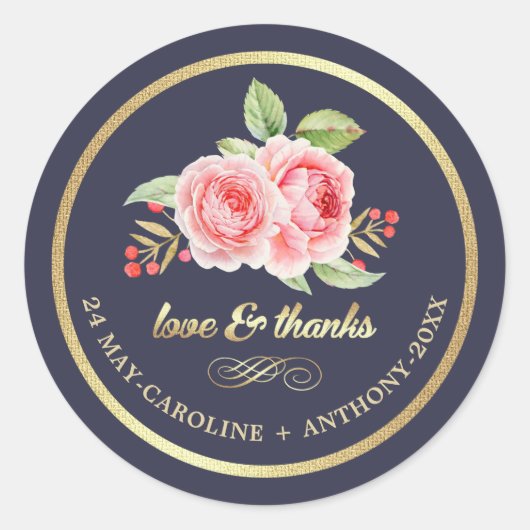 Hartelijk Bedankt. Navy Blue Waterverf Rozen Weddi Ronde Sticker (Voorkant)