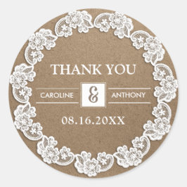 Hartelijk Bedankt. White Lace Kraft Paper Wedding Ronde Sticker