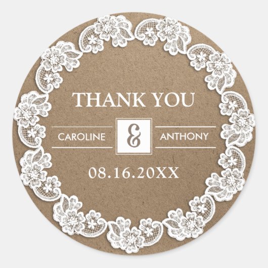 Hartelijk Bedankt. White Lace Kraft Paper Wedding Ronde Sticker (Voorkant)